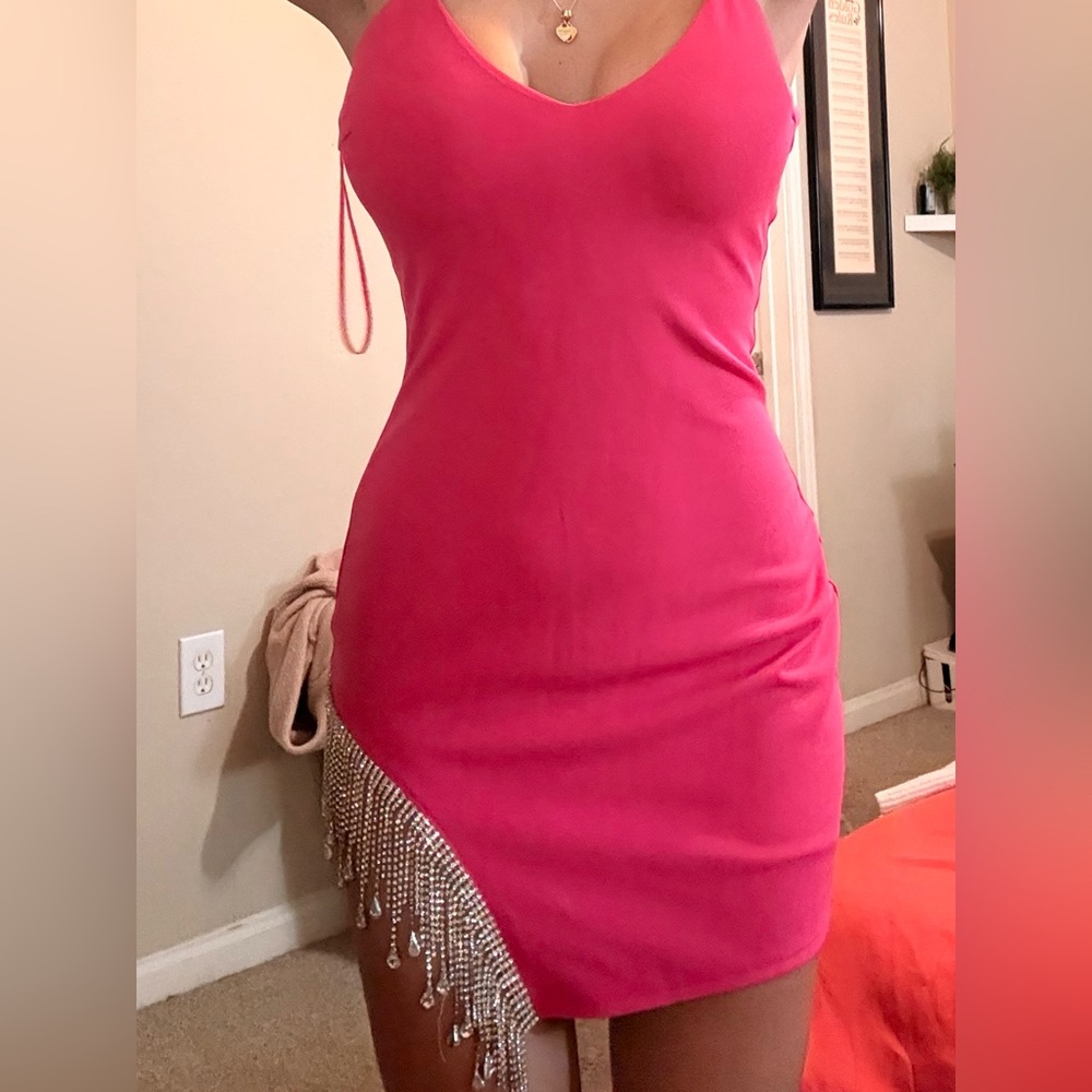 Windsor Hot Pink Backless Dress with Rhinestone Fringe - Picture 2 of 6